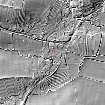 Shaded relief map of the ground around SN169HF, computed from Environment Agency LiDAR. The ground here sits at about 98 m above sea level and falls 14 m across the surrounding 800 m. Surface water reaching this point runs off ground lying to the north, 1.2 m higher.