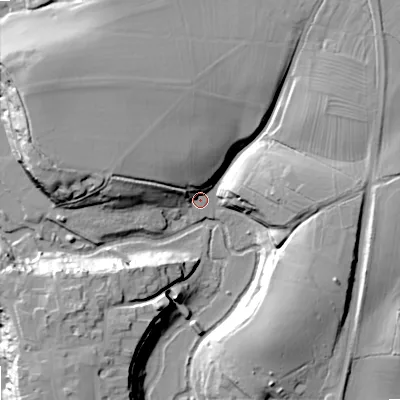 Shaded relief map of the ground around SN169HX, computed from Environment Agency LiDAR. The ground here sits at about 71 m above sea level and falls 24 m across the surrounding 800 m. Surface water reaching this point runs off ground lying to the north-north-west, 19.9 m higher.