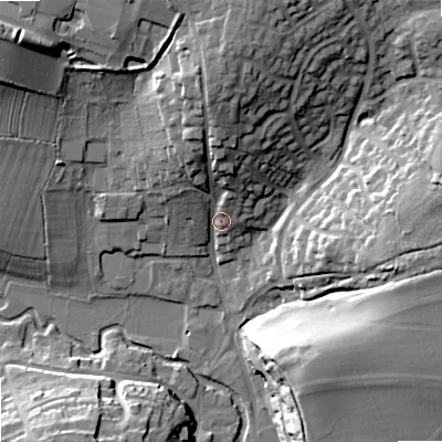 Shaded relief map of the ground around SN169JR, computed from Environment Agency LiDAR. The ground here sits at about 77 m above sea level and falls 23 m across the surrounding 800 m. Surface water reaching this point runs off ground lying to the north, 15.8 m higher.