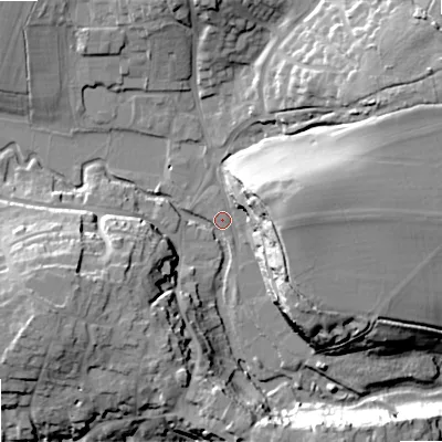 Shaded relief map of the ground around SN169JS, computed from Environment Agency LiDAR. The ground here sits at about 72 m above sea level and falls 23 m across the surrounding 800 m. Surface water reaching this point runs off ground lying to the north-east, 21.3 m higher.