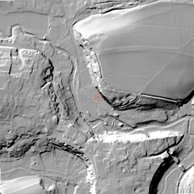 Shaded relief map of the ground around SN169JT, computed from Environment Agency LiDAR. The ground here sits at about 73 m above sea level and falls 23 m across the surrounding 800 m. Surface water reaching this point runs off ground lying to the north-north-east, 14.9 m higher.