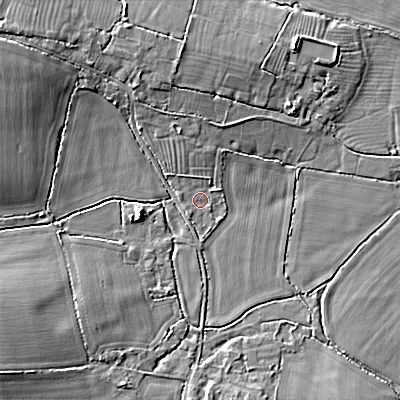 Shaded relief map of the ground around SN169JZ, computed from Environment Agency LiDAR. The ground here sits at about 89 m above sea level and falls 9 m across the surrounding 800 m. Surface water reaching this point runs off ground lying to the north-north-west, 3.3 m higher.