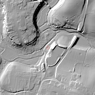Shaded relief map of the ground around SN169LP, computed from Environment Agency LiDAR. The ground here sits at about 70 m above sea level and falls 27 m across the surrounding 800 m. Surface water reaching this point runs off ground lying to the east, 15.6 m higher.
