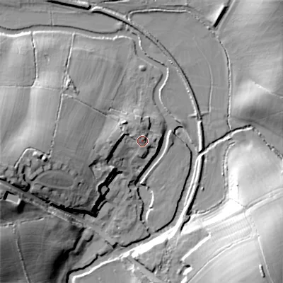 Shaded relief map of the ground around SN169LZ, computed from Environment Agency LiDAR. The ground here sits at about 73 m above sea level and falls 28 m across the surrounding 800 m. Surface water reaching this point runs off ground lying to the north-west, 3.0 m higher.