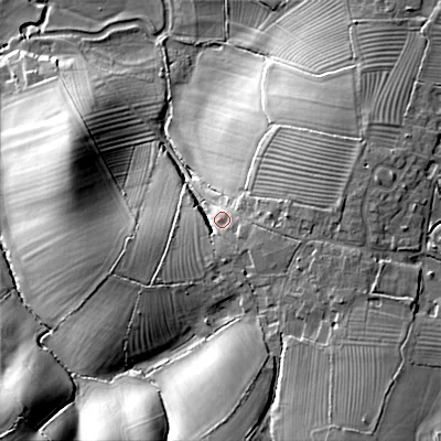Shaded relief map of the ground around SN169NF, computed from Environment Agency LiDAR. The ground here sits at about 83 m above sea level and falls 26 m across the surrounding 800 m. Surface water reaching this point runs off ground lying to the east-south-east, 6.7 m higher.
