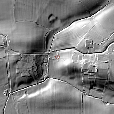 Shaded relief map of the ground around SN169NN, computed from Environment Agency LiDAR. The ground here sits at about 73 m above sea level and falls 25 m across the surrounding 800 m. Surface water reaching this point runs off ground lying to the east-south-east, 12.9 m higher.