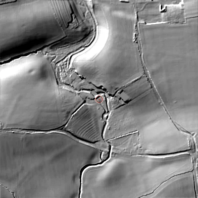 Shaded relief map of the ground around SN169NR, computed from Environment Agency LiDAR. The ground here sits at about 71 m above sea level and falls 21 m across the surrounding 800 m. Surface water reaching this point runs off ground lying to the north-west, 17.3 m higher.