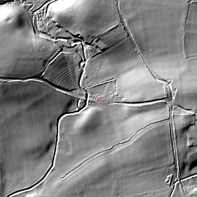 Shaded relief map of the ground around SN169NT, computed from Environment Agency LiDAR. The ground here sits at about 71 m above sea level and falls 17 m across the surrounding 800 m. Surface water reaching this point runs off ground lying to the east, 12.6 m higher.