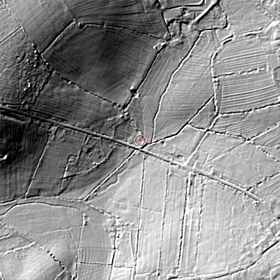 Shaded relief map of the ground around SN169PS, computed from Environment Agency LiDAR. The ground here sits at about 95 m above sea level and falls 21 m across the surrounding 800 m. Surface water reaching this point runs off ground lying to the west-north-west, 18.1 m higher.