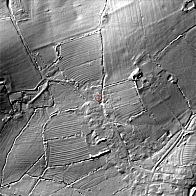 Shaded relief map of the ground around SN169PY, computed from Environment Agency LiDAR. The ground here sits at about 101 m above sea level and falls 16 m across the surrounding 800 m. Surface water reaching this point runs off ground lying to the east-north-east, 10.3 m higher.