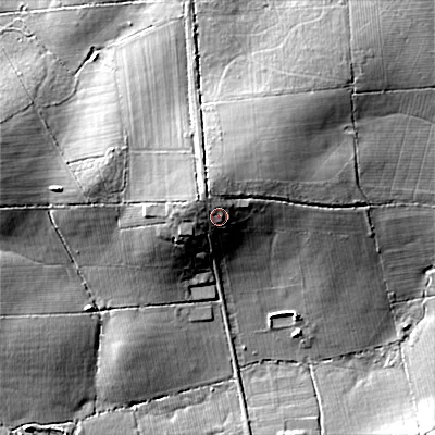 Shaded relief map of the ground around SN169RJ, computed from Environment Agency LiDAR. The ground here sits at about 108 m above sea level and falls 16 m across the surrounding 800 m. Surface water reaching this point runs off ground lying to the north-north-west, 3.6 m higher.