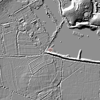Shaded relief map of the ground around SN169TW, computed from Environment Agency LiDAR. The ground here sits at about 88 m above sea level and falls 9 m across the surrounding 800 m. Surface water reaching this point runs off ground lying to the south-east, 4.2 m higher.