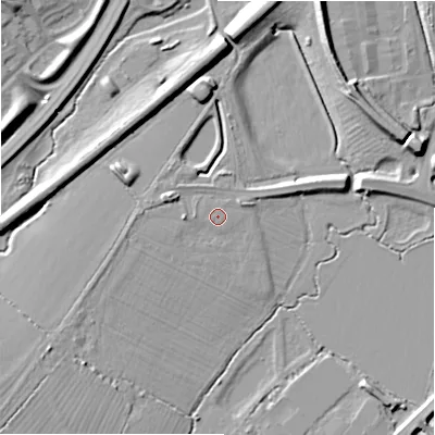 Shaded relief map of the ground around SN17EL, computed from Environment Agency LiDAR. The ground here sits at about 98 m above sea level and falls 12 m across the surrounding 800 m. Surface water reaching this point runs off ground lying to the west, 0.5 m higher.