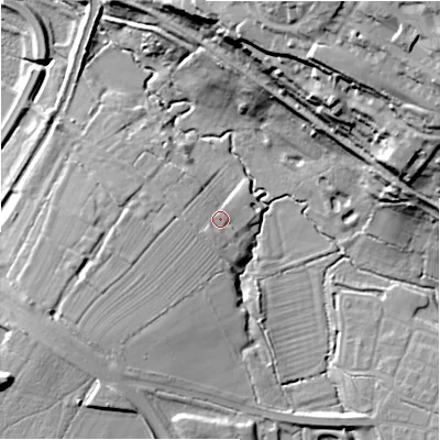Shaded relief map of the ground around SN17HG, computed from Environment Agency LiDAR. The ground here sits at about 101 m above sea level and falls 42 m across the surrounding 800 m. Surface water reaching this point runs off ground lying to the west-south-west, 2.9 m higher.
