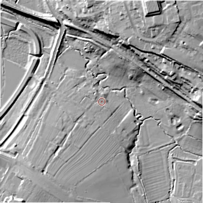 Shaded relief map of the ground around SN17NU, computed from Environment Agency LiDAR. The ground here sits at about 100 m above sea level and falls 45 m across the surrounding 800 m. Surface water reaching this point runs off ground lying to the south-south-west, 3.5 m higher.