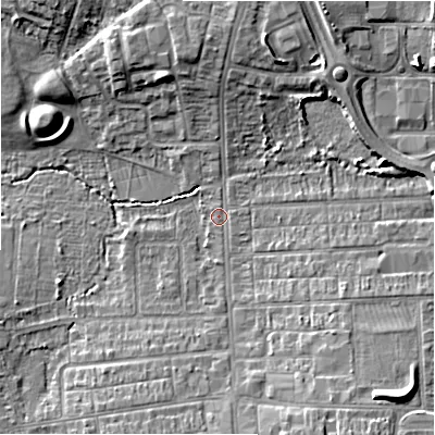 Shaded relief map of the ground around SN21AE, computed from Environment Agency LiDAR. The ground here sits at about 97 m above sea level and falls 10 m across the surrounding 800 m. Surface water reaching this point runs off ground lying to the south-east, 7.3 m higher.
