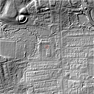 Shaded relief map of the ground around SN21AS, computed from Environment Agency LiDAR. The ground here sits at about 97 m above sea level and falls 10 m across the surrounding 800 m. Surface water reaching this point runs off ground lying to the south-south-east, 1.9 m higher.