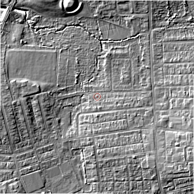Shaded relief map of the ground around SN21AT, computed from Environment Agency LiDAR. The ground here sits at about 97 m above sea level and falls 10 m across the surrounding 800 m. Surface water reaching this point runs off ground lying to the east-south-east, 1.8 m higher.