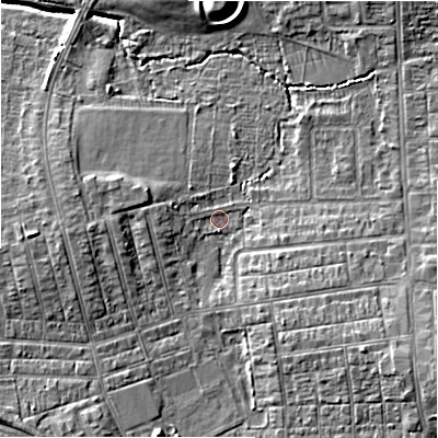 Shaded relief map of the ground around SN21AU, computed from Environment Agency LiDAR. The ground here sits at about 97 m above sea level and falls 10 m across the surrounding 800 m. Surface water reaching this point runs off ground lying to the south-east, 4.2 m higher.
