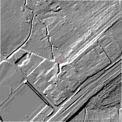 Shaded relief map of the ground around SN22BT, computed from Environment Agency LiDAR. The ground here sits at about 94 m above sea level and falls 15 m across the surrounding 800 m. Surface water reaching this point runs off ground lying to the east, 11.0 m higher.