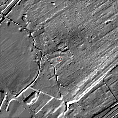 Shaded relief map of the ground around SN22BU, computed from Environment Agency LiDAR. The ground here sits at about 93 m above sea level and falls 15 m across the surrounding 800 m. Surface water reaching this point runs off ground lying to the east-south-east, 4.2 m higher.