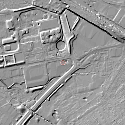Shaded relief map of the ground around SN22DJ, computed from Environment Agency LiDAR. The ground here sits at about 93 m above sea level and falls 13 m across the surrounding 800 m. Surface water reaching this point runs off ground lying to the north-north-east, 1.6 m higher.