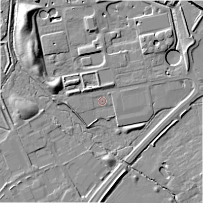 Shaded relief map of the ground around SN22DT, computed from Environment Agency LiDAR. The ground here sits at about 92 m above sea level and falls 14 m across the surrounding 800 m. Surface water reaching this point runs off ground lying to the north-north-east, 2.9 m higher.