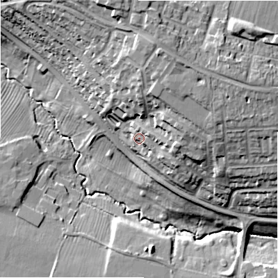 Shaded relief map of the ground around SN22FB, computed from Environment Agency LiDAR. The ground here sits at about 101 m above sea level and falls 27 m across the surrounding 800 m. Surface water reaching this point runs off ground lying to the east-north-east, 4.5 m higher.