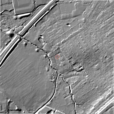 Shaded relief map of the ground around SN22HR, computed from Environment Agency LiDAR. The ground here sits at about 93 m above sea level and falls 14 m across the surrounding 800 m. Surface water reaching this point runs off ground lying to the east, 4.0 m higher.
