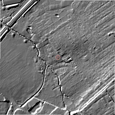 Shaded relief map of the ground around SN22HS, computed from Environment Agency LiDAR. The ground here sits at about 94 m above sea level and falls 15 m across the surrounding 800 m. Surface water reaching this point runs off ground lying to the north-east, 3.4 m higher.