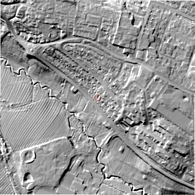 Shaded relief map of the ground around SN22NF, computed from Environment Agency LiDAR. The ground here sits at about 99 m above sea level and falls 29 m across the surrounding 800 m. Surface water reaching this point runs off ground lying to the east-north-east, 7.7 m higher.