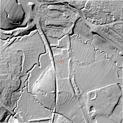 Shaded relief map of the ground around SN22NN, computed from Environment Agency LiDAR. The ground here sits at about 90 m above sea level and falls 27 m across the surrounding 800 m. Surface water reaching this point runs off ground lying to the south-south-east, 4.8 m higher.