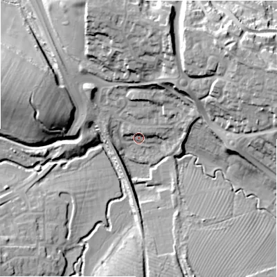 Shaded relief map of the ground around SN22QZ, computed from Environment Agency LiDAR. The ground here sits at about 89 m above sea level and falls 29 m across the surrounding 800 m. Surface water reaching this point runs off ground lying to the north-north-east, 24.3 m higher.