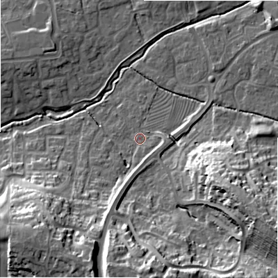 Shaded relief map of the ground around SN22RT, computed from Environment Agency LiDAR. The ground here sits at about 88 m above sea level and falls 28 m across the surrounding 800 m. Surface water reaching this point runs off ground lying to the south, 25.6 m higher.