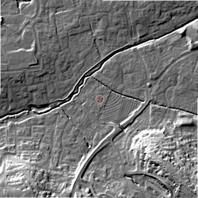 Shaded relief map of the ground around SN22RZ, computed from Environment Agency LiDAR. The ground here sits at about 87 m above sea level and falls 27 m across the surrounding 800 m. Surface water reaching this point runs off ground lying to the south-south-east, 0.8 m higher.