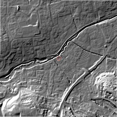 Shaded relief map of the ground around SN22SB, computed from Environment Agency LiDAR. The ground here sits at about 86 m above sea level and falls 25 m across the surrounding 800 m. Surface water reaching this point runs off ground lying to the east-south-east, 21.8 m higher.