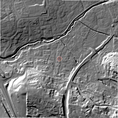 Shaded relief map of the ground around SN22ST, computed from Environment Agency LiDAR. The ground here sits at about 88 m above sea level and falls 30 m across the surrounding 800 m. Surface water reaching this point runs off ground lying to the south, 22.6 m higher.