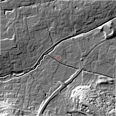 Shaded relief map of the ground around SN22TF, computed from Environment Agency LiDAR. The ground here sits at about 87 m above sea level and falls 26 m across the surrounding 800 m. Surface water reaching this point runs off ground lying to the south-east, 23.4 m higher.