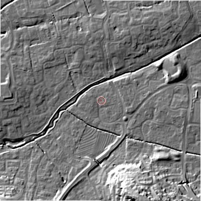 Shaded relief map of the ground around SN22TJ, computed from Environment Agency LiDAR. The ground here sits at about 86 m above sea level and falls 23 m across the surrounding 800 m. Surface water reaching this point runs off ground lying to the east, 2.2 m higher.