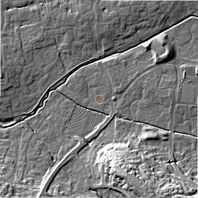 Shaded relief map of the ground around SN22TL, computed from Environment Agency LiDAR. The ground here sits at about 87 m above sea level and falls 26 m across the surrounding 800 m. Surface water reaching this point runs off ground lying to the south-south-east, 23.6 m higher.