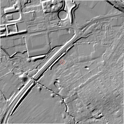 Shaded relief map of the ground around SN22UQ, computed from Environment Agency LiDAR. The ground here sits at about 92 m above sea level and falls 12 m across the surrounding 800 m. Surface water reaching this point runs off ground lying to the east-south-east, 6.8 m higher.