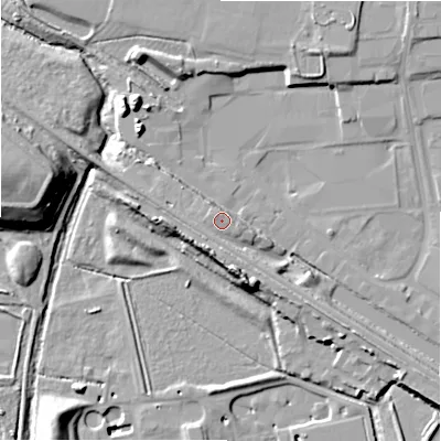 Shaded relief map of the ground around SN22YW, computed from Environment Agency LiDAR. The ground here sits at about 97 m above sea level and falls 24 m across the surrounding 800 m. Surface water reaching this point runs off ground lying to the north-west, 5.5 m higher.