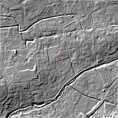 Shaded relief map of the ground around SN251AD, computed from Environment Agency LiDAR. The ground here sits at about 87 m above sea level and falls 9 m across the surrounding 800 m. Surface water reaching this point runs off ground lying to the west-north-west, 1.3 m higher.