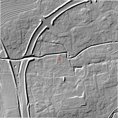 Shaded relief map of the ground around SN251AH, computed from Environment Agency LiDAR. The ground here sits at about 85 m above sea level and falls 11 m across the surrounding 800 m. Surface water reaching this point runs off ground lying to the south, 5.7 m higher.