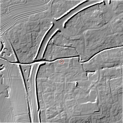 Shaded relief map of the ground around SN251AP, computed from Environment Agency LiDAR. The ground here sits at about 85 m above sea level and falls 11 m across the surrounding 800 m. Surface water reaching this point runs off ground lying to the north, 7.5 m higher.
