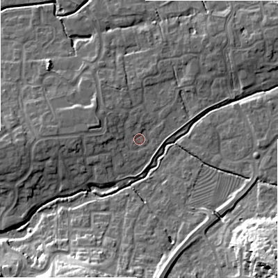 Shaded relief map of the ground around SN251BD, computed from Environment Agency LiDAR. The ground here sits at about 86 m above sea level and falls 24 m across the surrounding 800 m. Surface water reaching this point runs off ground lying to the west-north-west, 3.8 m higher.