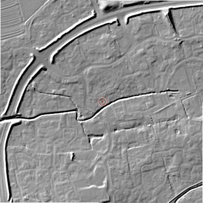 Shaded relief map of the ground around SN251BH, computed from Environment Agency LiDAR. The ground here sits at about 86 m above sea level and falls 11 m across the surrounding 800 m. Surface water reaching this point runs off ground lying to the north-east, 9.4 m higher.