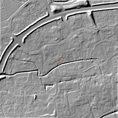Shaded relief map of the ground around SN251BL, computed from Environment Agency LiDAR. The ground here sits at about 87 m above sea level and falls 11 m across the surrounding 800 m. Surface water reaching this point runs off ground lying to the north, 1.0 m higher.