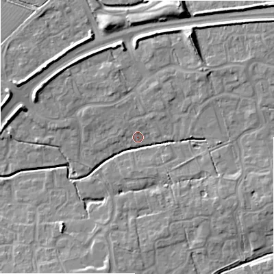 Shaded relief map of the ground around SN251BN, computed from Environment Agency LiDAR. The ground here sits at about 87 m above sea level and falls 11 m across the surrounding 800 m. Surface water reaching this point runs off ground lying to the north-west, 1.3 m higher.