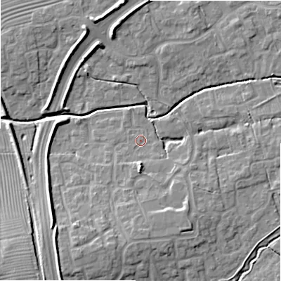 Shaded relief map of the ground around SN251BT, computed from Environment Agency LiDAR. The ground here sits at about 85 m above sea level and falls 11 m across the surrounding 800 m. Surface water reaching this point runs off ground lying to the south, 5.4 m higher.